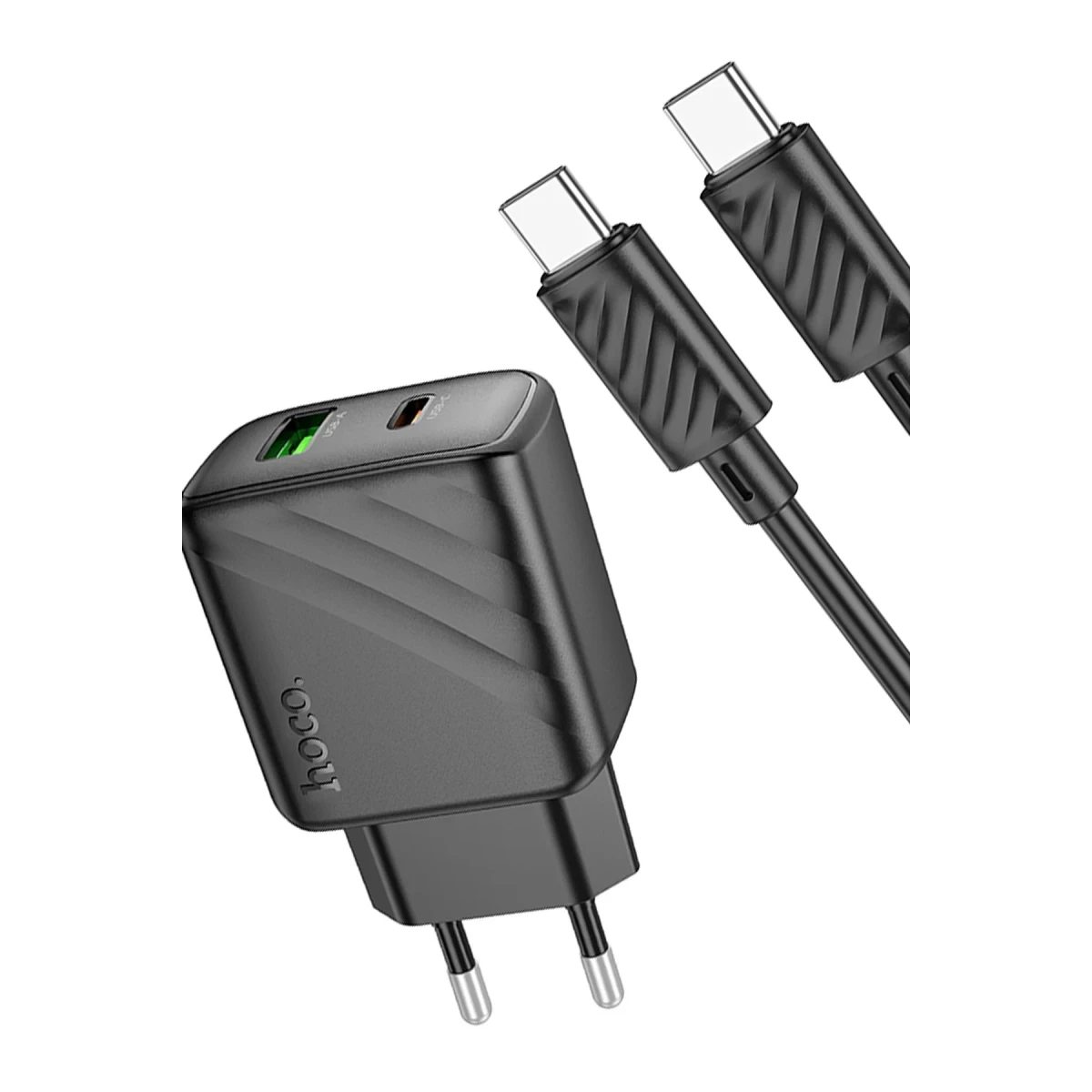 Hoco. CS23A Sunlight 30W 1 Adet Type-C ve 1 Adet USB 3.0 QC Çıkışlı Ekstra Type-C to Type-C Kablolu PD Hızlı Şarj Aleti - Siyah